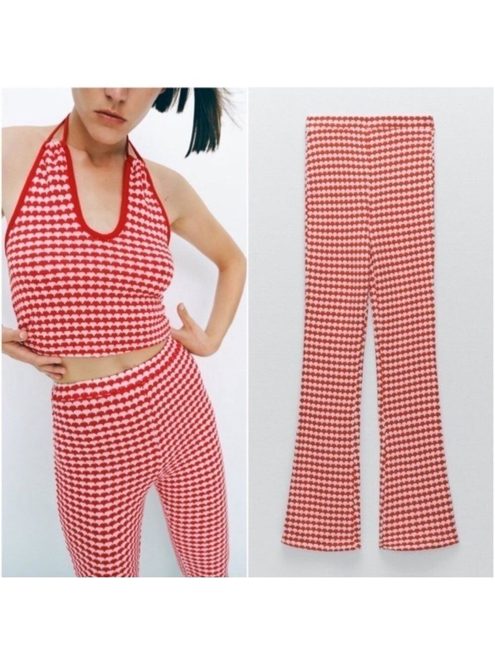 Zara red white knit high waisted flare stretchy pull on pants 70’s hippie retro